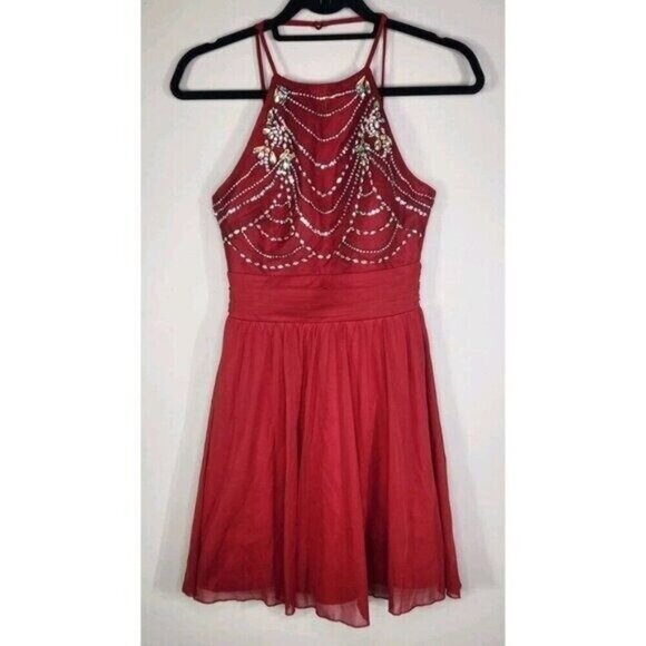 Speechless Red Rhinestone Sparkly Formal Mesh Halter Short Dress Size 3 - Picture 1 of 8